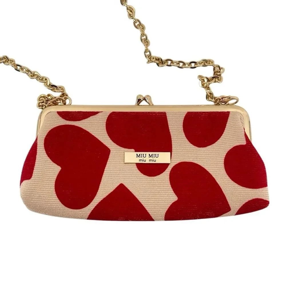 Heart Print Kiss Lock Clutch Crossbody Bag Red Cream Gold Chain Canvas Romantic